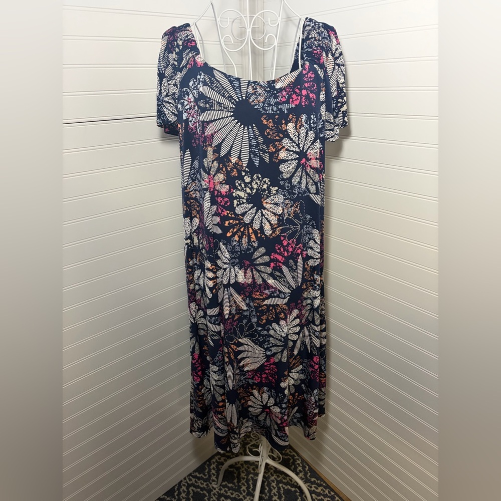 Robbie Bee Navy Floral Dress with Pink & Orange Accents